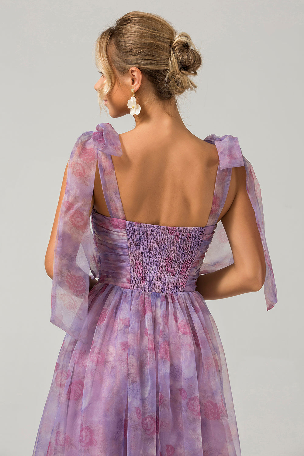 Purple A Line Pleated Printed Tea-Length Prom Dress