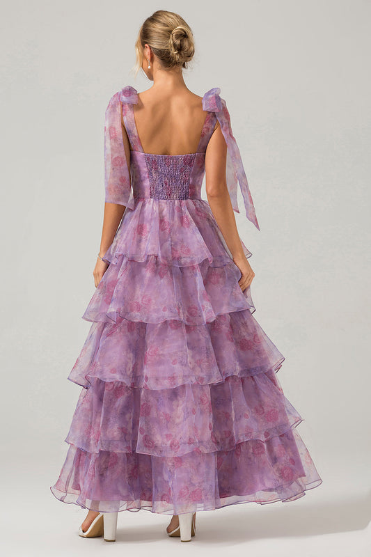 A Line Purple Printed Tiered Tea-Length Long Prom Dress