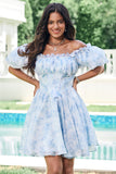 Light Blue A Line Square Neck Floral Ruffle Short Homecoming Dress