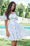 Light Blue A Line Square Neck Floral Ruffle Short Homecoming Dress