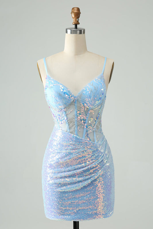 Glitter Light Blue Tight Spaghetti Straps Short Homecoming Dress with Sequins