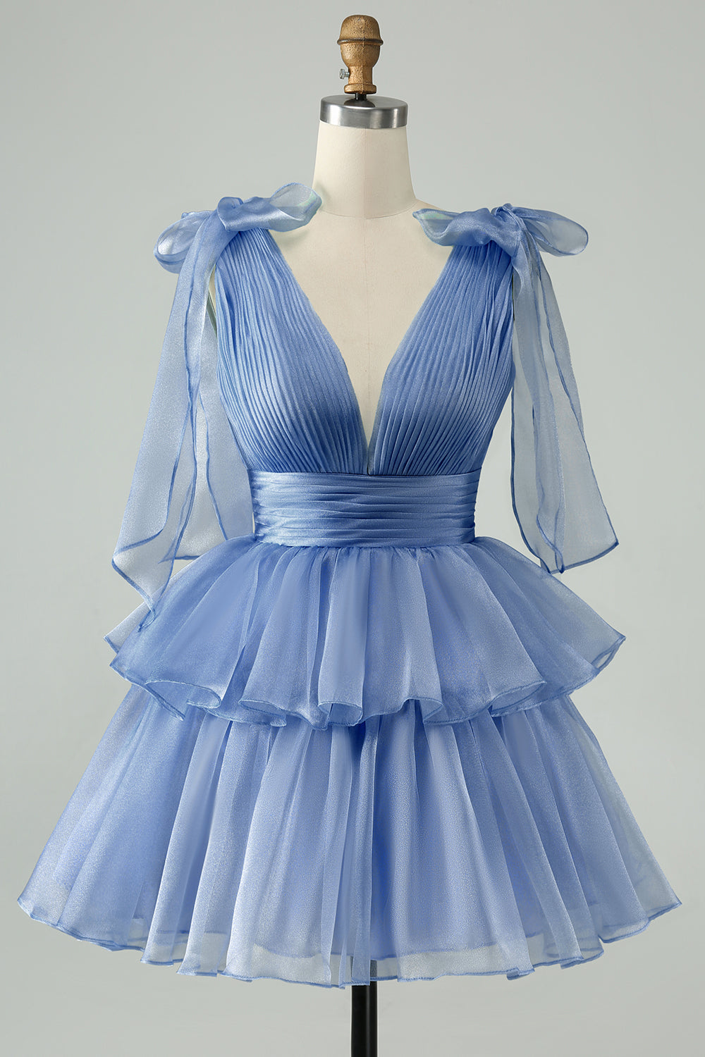 Sky Blue A Line V Neck Pleated Tiered Short Homecoming Dress