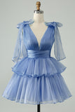 Sky Blue A Line V Neck Pleated Tiered Short Homecoming Dress