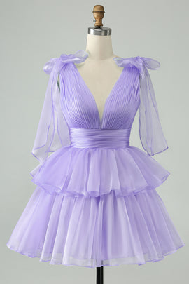 Purple A Line V Neck Pleated Tiered Short Homecoming Dress