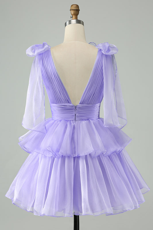 Purple A Line V Neck Pleated Tiered Short Homecoming Dress