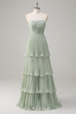 A-Line Sweetheart Dusty Sage Chiffon Bridesmaid Dress with Pleated Tiered Floor Length Wedding Guest Dress