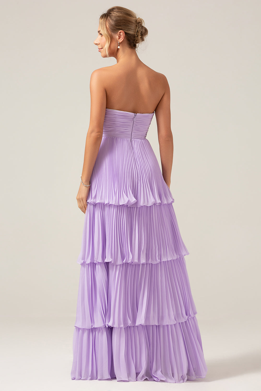 A-Line Sweetheart Tiered Chiffon Long Lilac Bridesmaid Dress with Pleated