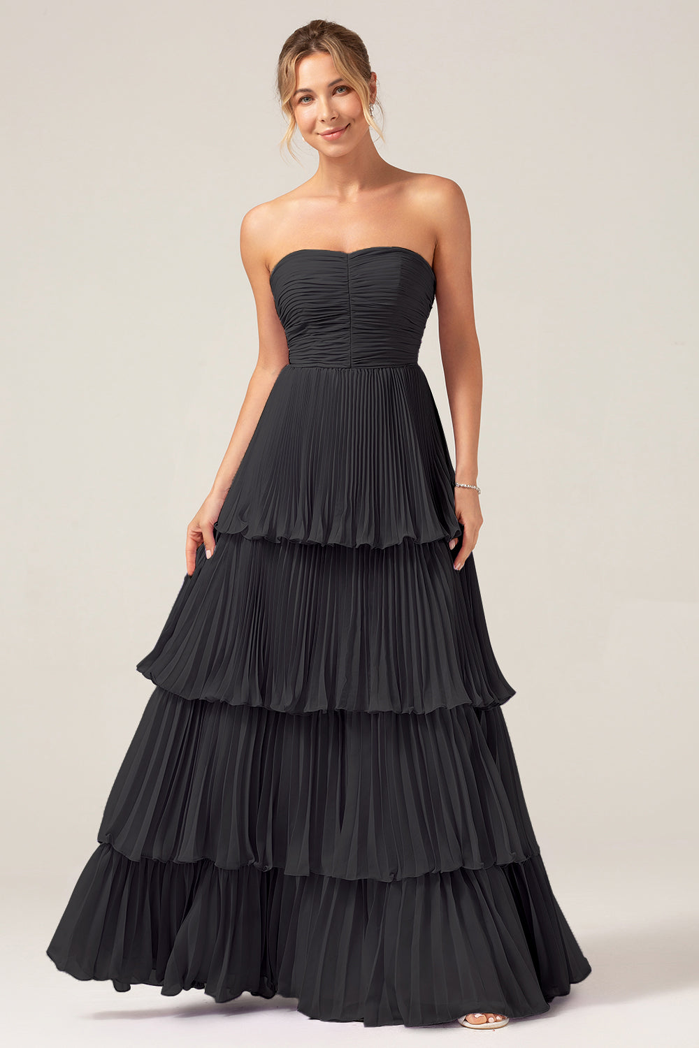 A-Line Sweetheart Black Chiffon Bridesmaid Dress with Pleated Tiered Floor Length Wedding Guest Dress