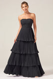 A-Line Sweetheart Black Chiffon Bridesmaid Dress with Pleated Tiered Floor Length Wedding Guest Dress