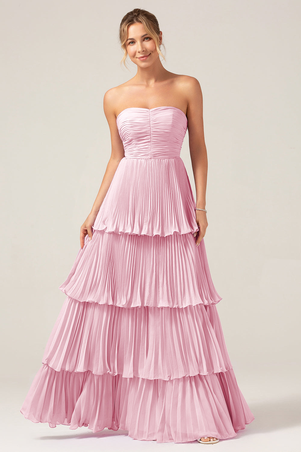 A-Line Sweetheart Blush Pink Chiffon Bridesmaid Dress with Pleated Tiered Floor Length Wedding Guest Dress