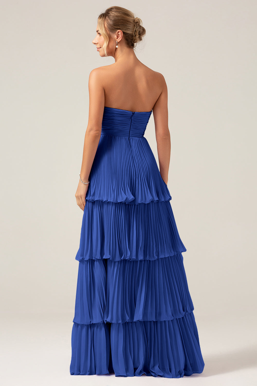 Flowy Chiffon Dusty Blue Sweetheart Tiered Long Bridesmaid Dress