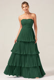 A-Line Sweetheart Dark Green Chiffon Bridesmaid Dress with Pleated Tiered Floor Length Wedding Guest Dress