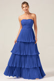 A-Line Sweetheart Royal Blue Chiffon Bridesmaid Dress with Pleated Tiered Floor Length Wedding Guest Dress