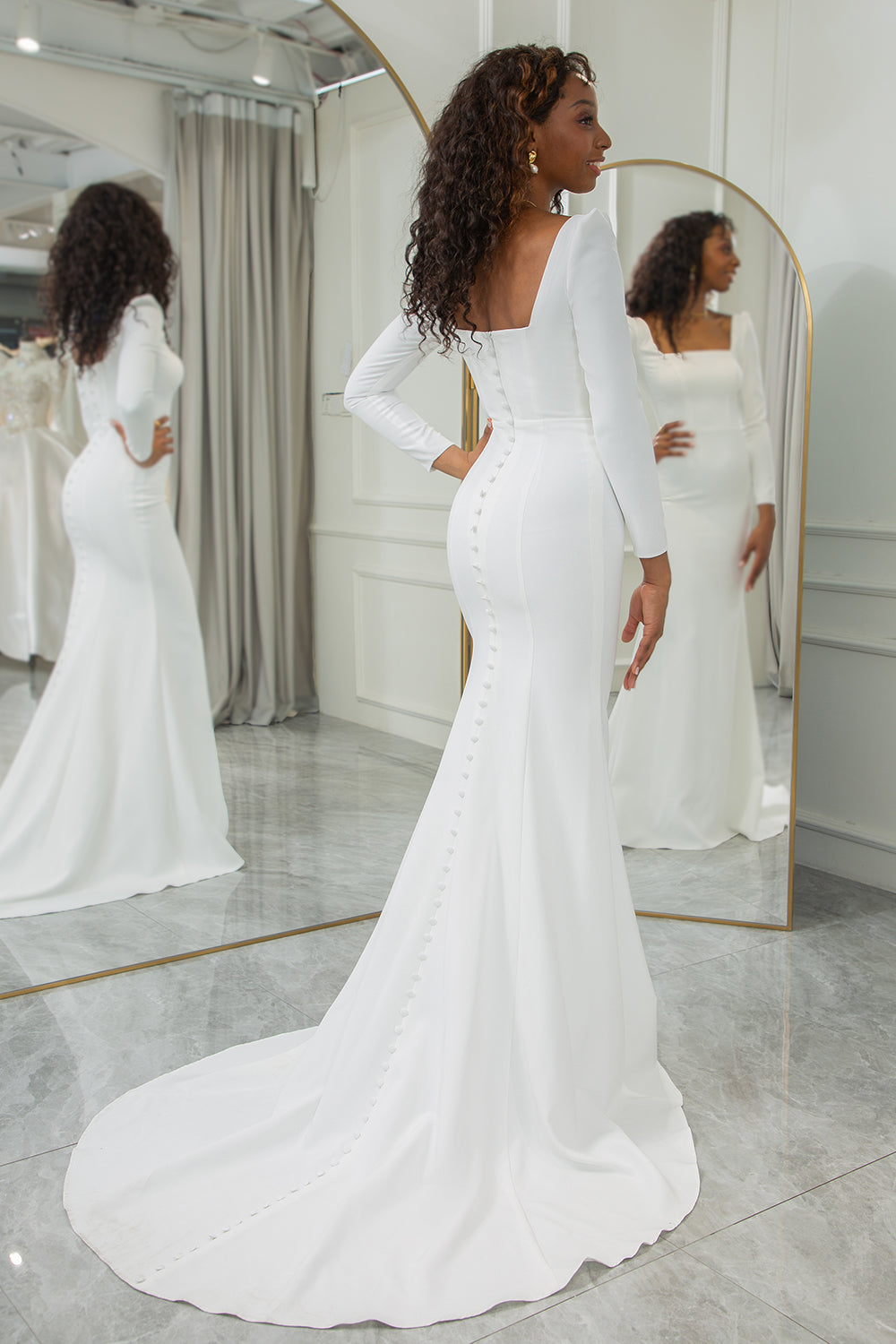 Ivory Mermaid Square Neck Bridal Dress With Long Sleeves