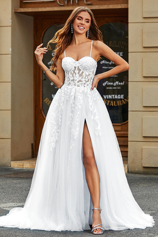 White Corset A-Line Long Tulle Bridal Dress with Slit