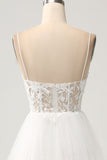 Ivory A-Line Tulle Tiered Corset Long Wedding Dress with Slit