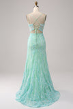 Green Mermaid Spaghetti Straps Sequins Long Prom Dress with Slit