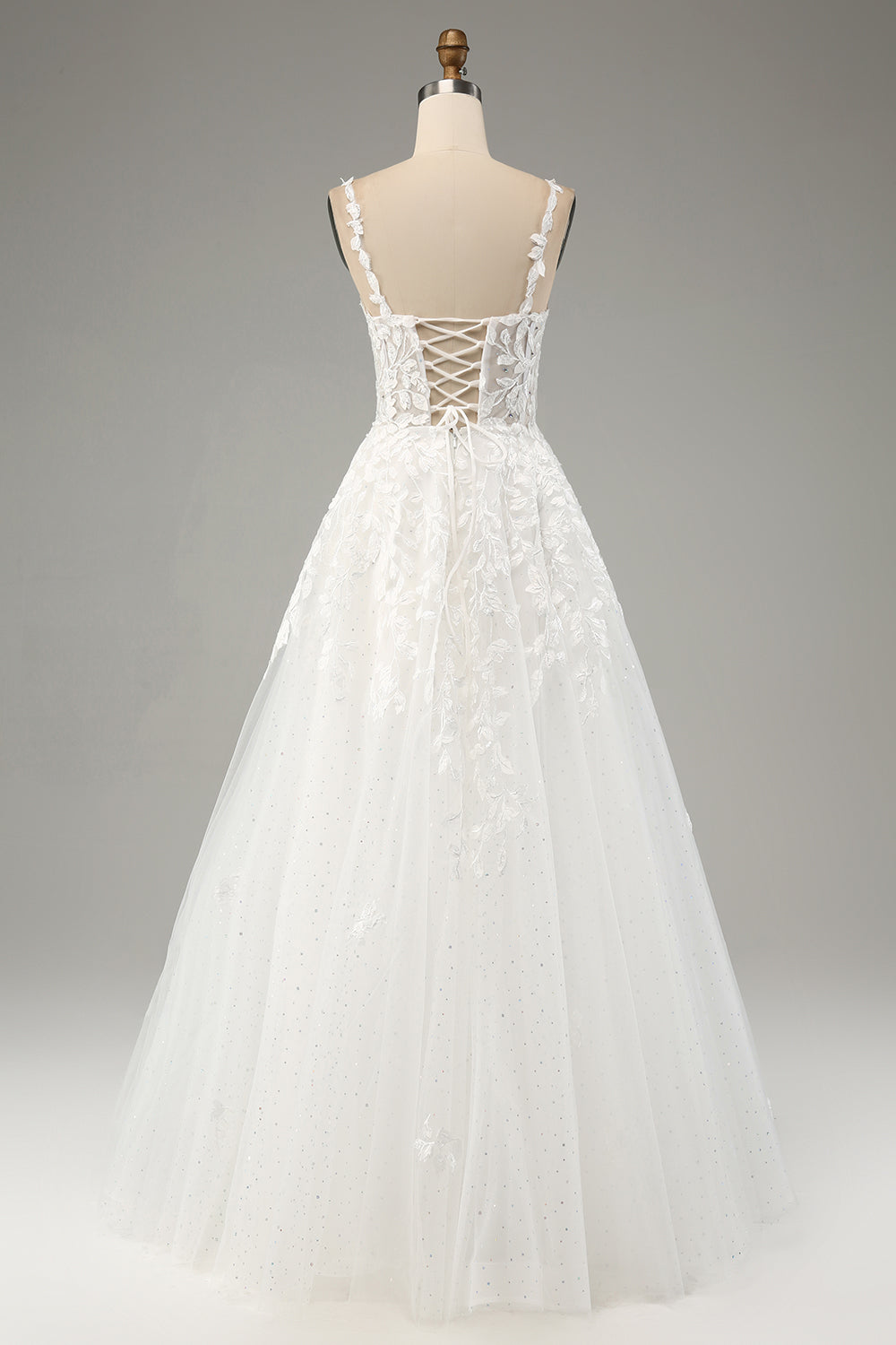 Ivory A-Line Tulle Spaghetti Straps Wedding Dress with Appliques