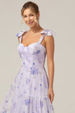 Lilac Corset Floral Print A-Line Long Bridesmaid Dress