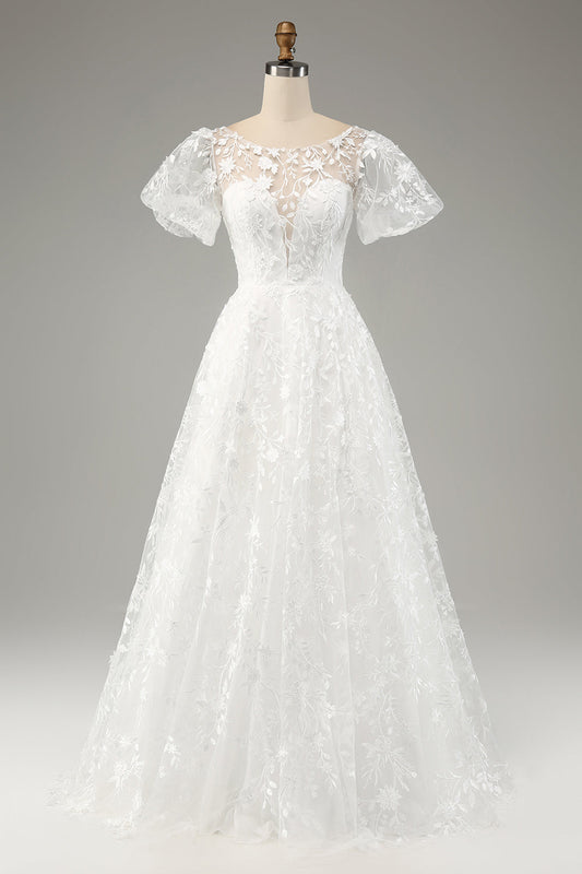 Ivory A-Line Puff Sleeves Wedding Dress with Appliques