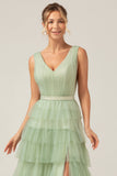 Green Tiered A Line V-Neck Tulle Long Prom Dress with Slit