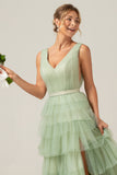 Green Tiered A Line V-Neck Tulle Long Prom Dress with Slit