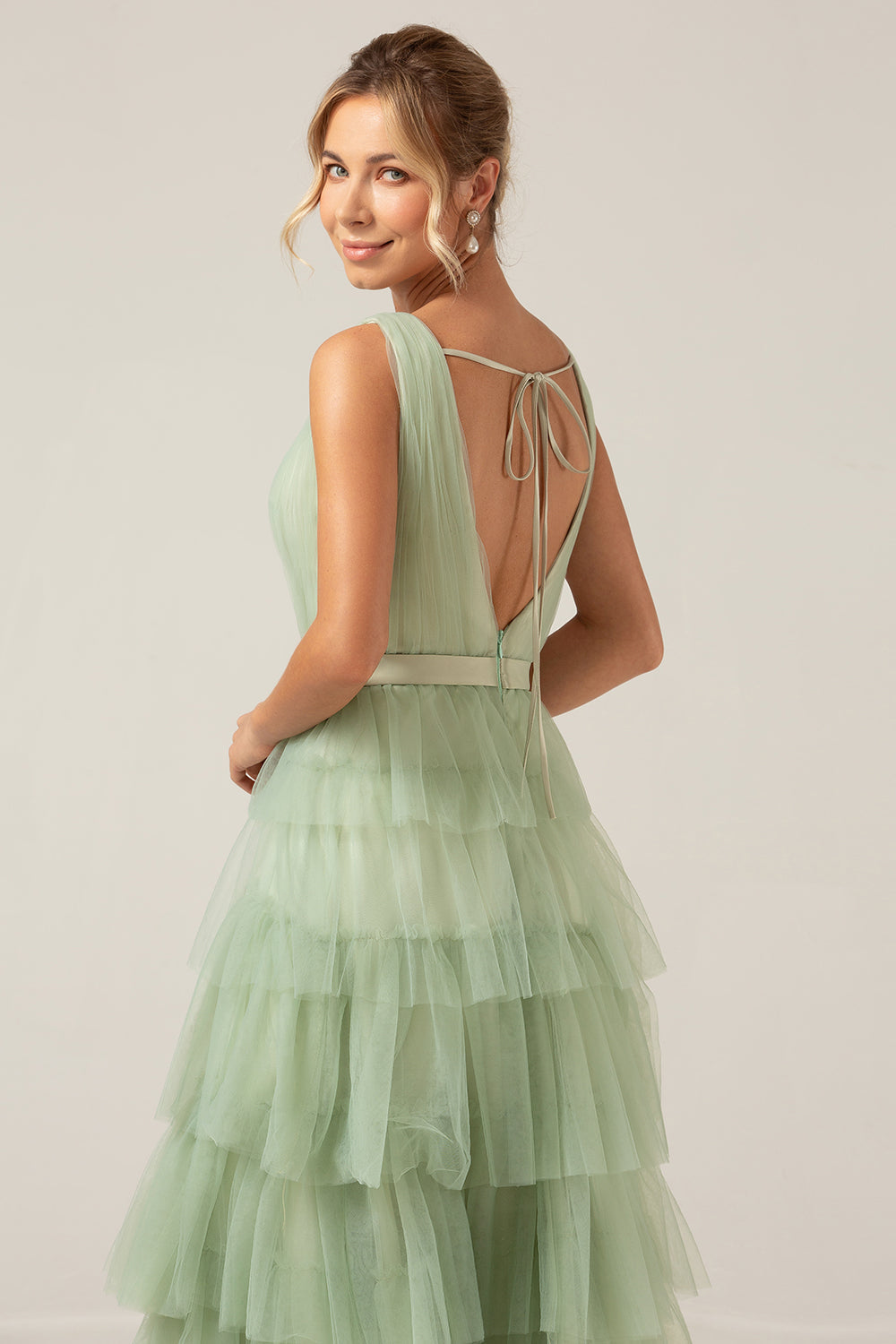 Green Tiered A Line V-Neck Tulle Long Prom Dress with Slit