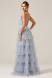 Grey Blue A Line Tiered Tulle Prom Dress