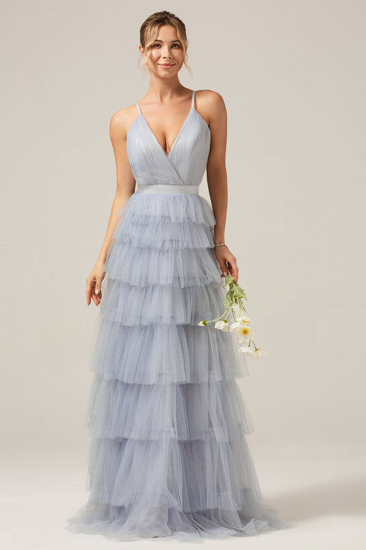 Grey Blue A Line Tiered Tulle Prom Dress