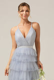 Grey Blue A Line Tiered Tulle Prom Dress