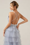 Grey Blue A Line Tiered Tulle Prom Dress