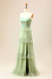 A-Line Strapless Matcha Tiered Long Bridesmaid Dress with Ruffles