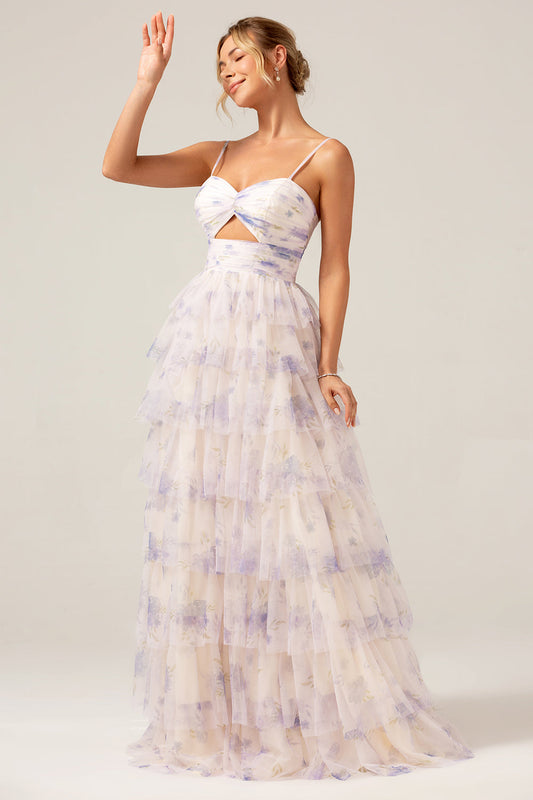 Lavender Flower Princess Spaghetti Straps Tiered Prom Dress with Pleated