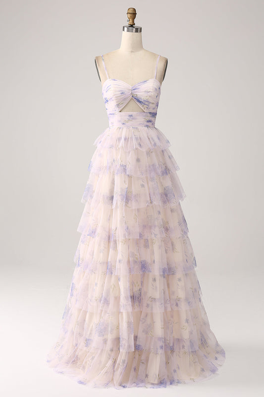 Tiered Princess Prom Dress with Pleated Lavender Flower Tulle Spaghetti Straps Long Party Dress