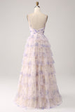 Lavender Flower Tiered Princess Prom Dress with Pleated