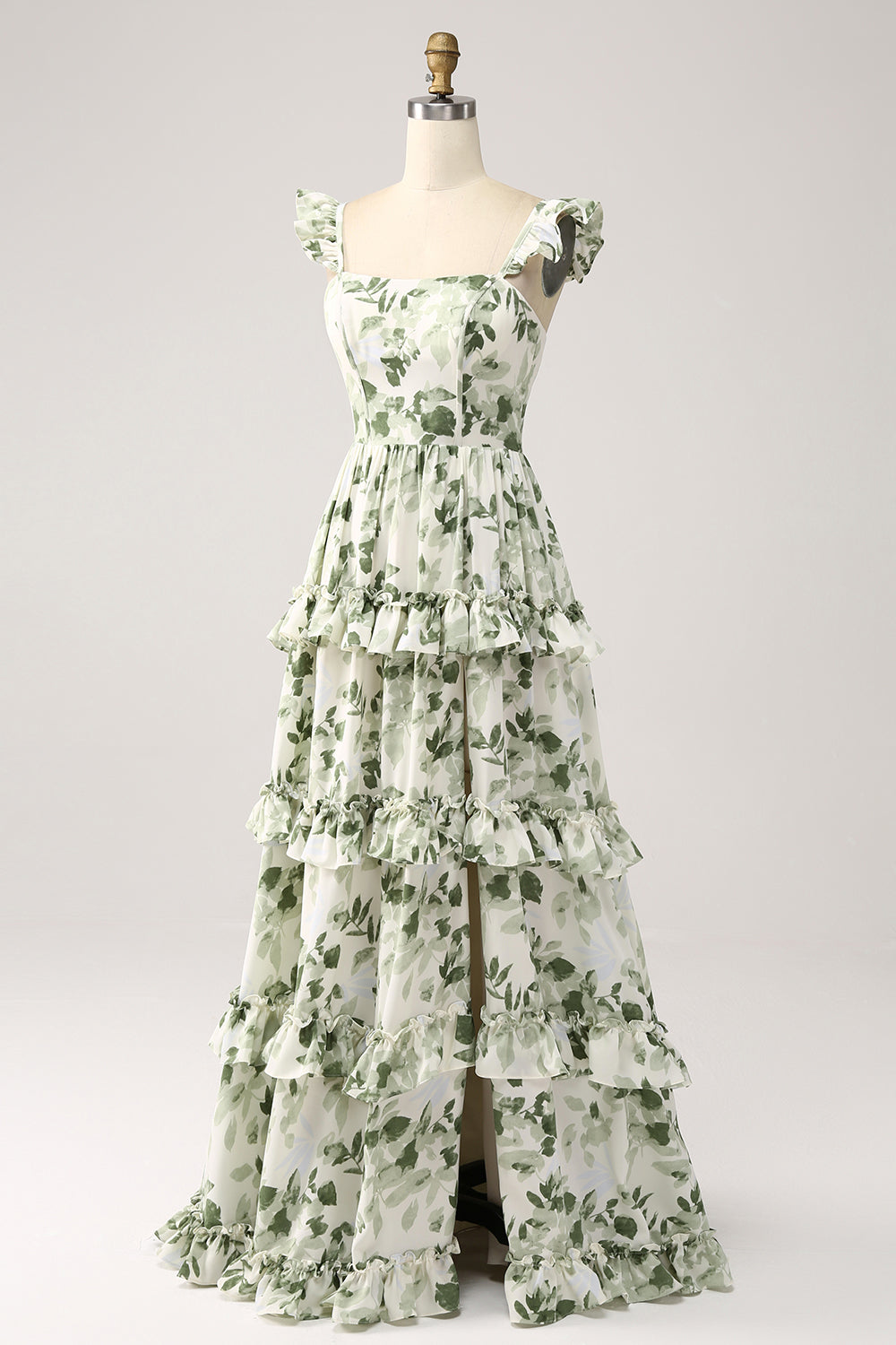 Green Floral Ruffles Tiered Prom Dress with Slit