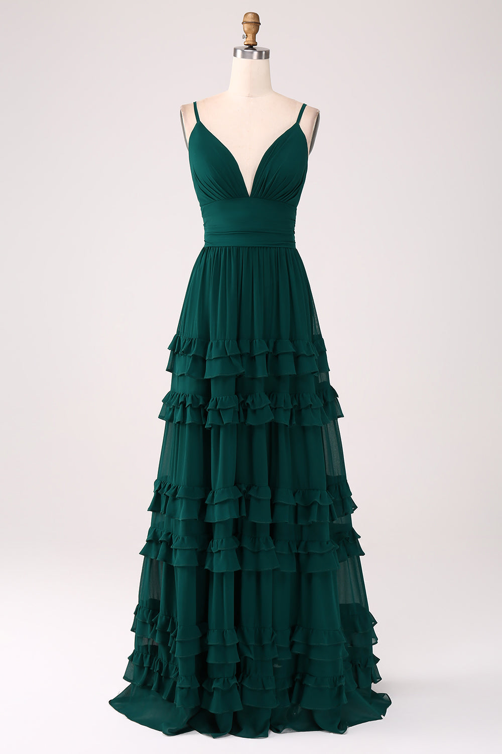 Dark Green A Line Spaghetti Straps Tiered Prom Dress with Pleated