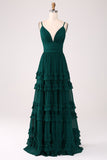 Dark Green A Line Spaghetti Straps Tiered Prom Dress with Pleated