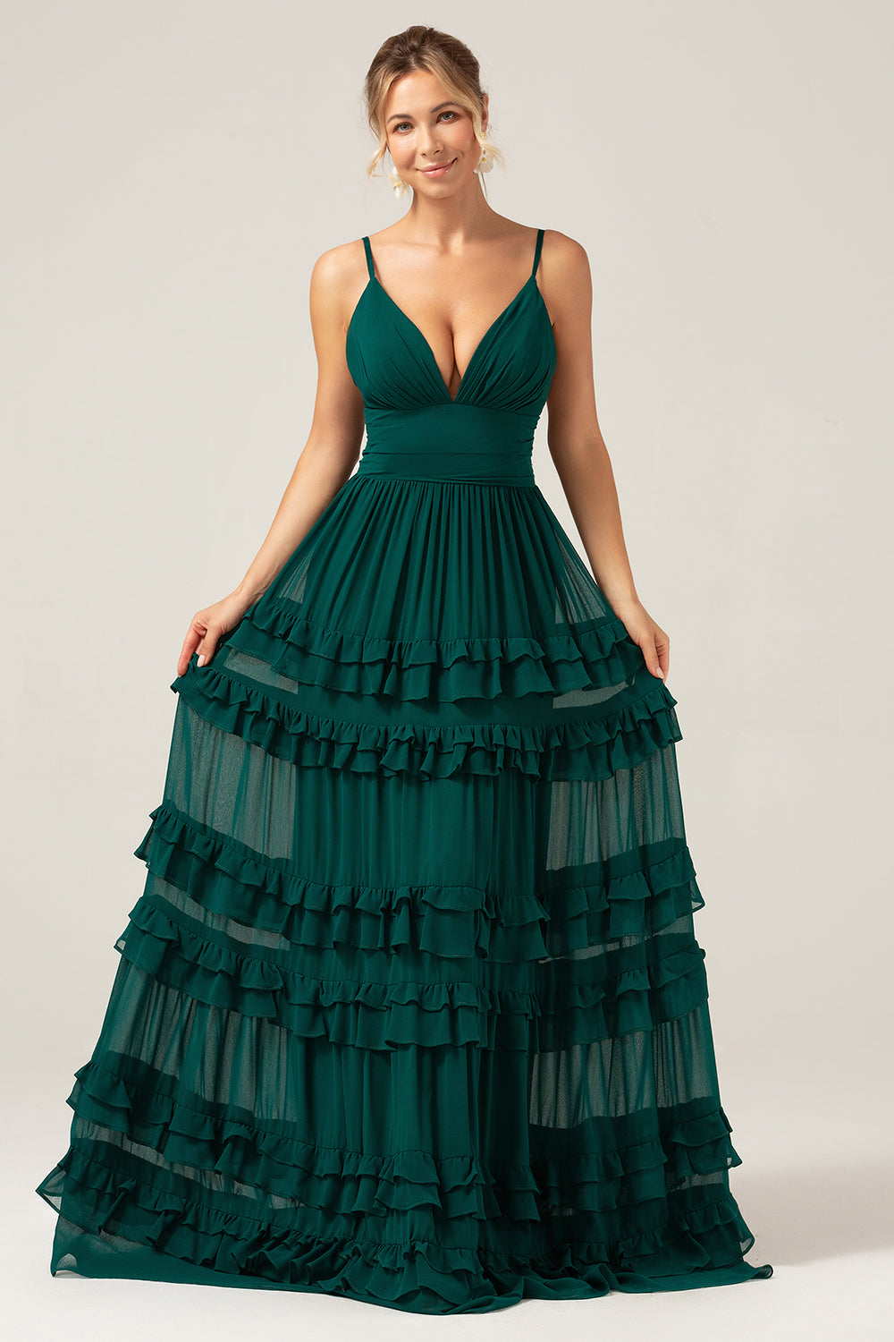 Spaghetti Straps Tiered Prom Dress with Pleated