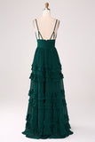 Dark Green A Line Spaghetti Straps Tiered Prom Dress with Pleated