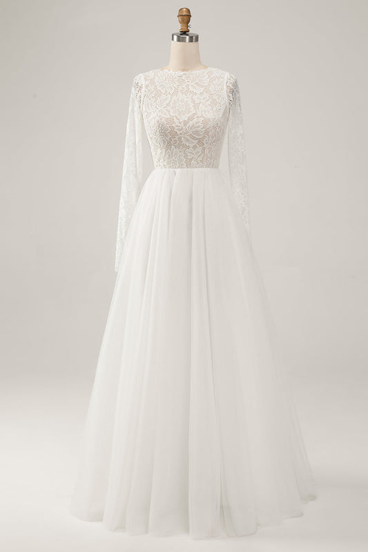 Elegant Ivory A Line Backless Long Sleeves Wedding Dress with Lace