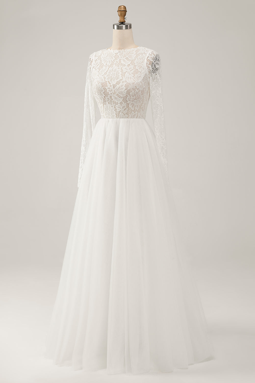 Elegant Ivory A Line Backless Long Sleeves Wedding Dress with Lace