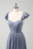 Grey Blue A Line Backless Corset Chiffon Bridesmaid Dress