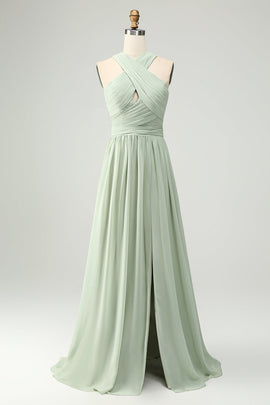 A Line Halter Chiffon Sage Green Pleated Long Bridesmaid Dress with Slit