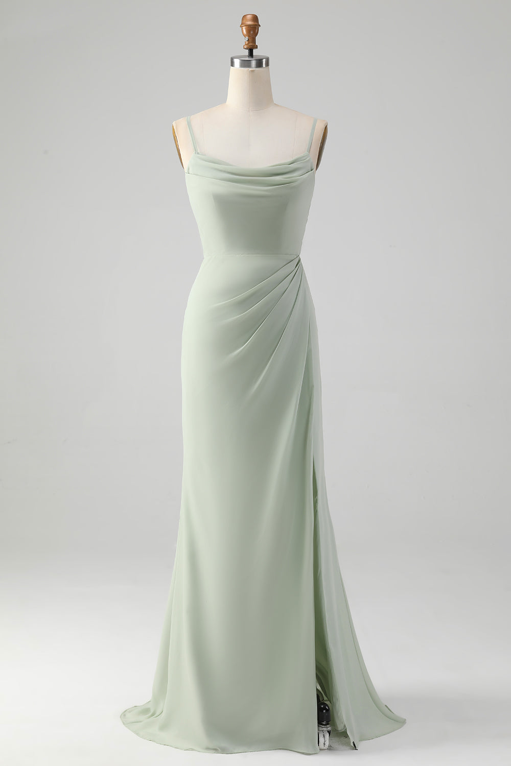 A Line Spaghetti Straps Matcha Long Bridesmaid Dress with Lace Up Back