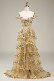 Golden Off The Shoulder Tiered Prom Dress