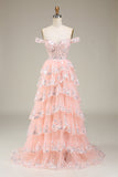 Blush Off The Shoulder Tiered Prom Dress