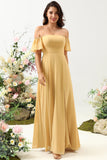 A Line Off the Shoulder Yellow Flower Printed Plus Size Bridesmaid Dress