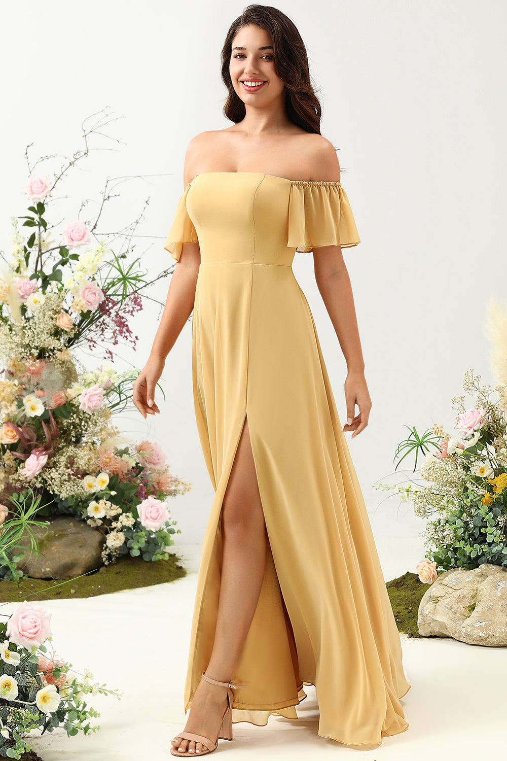 A Line Off the Shoulder Yellow Flower Printed Plus Size Bridesmaid Dress