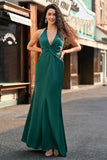 Dark Green Mermaid Halter Ruched Satin Long Bridesmaid Dress